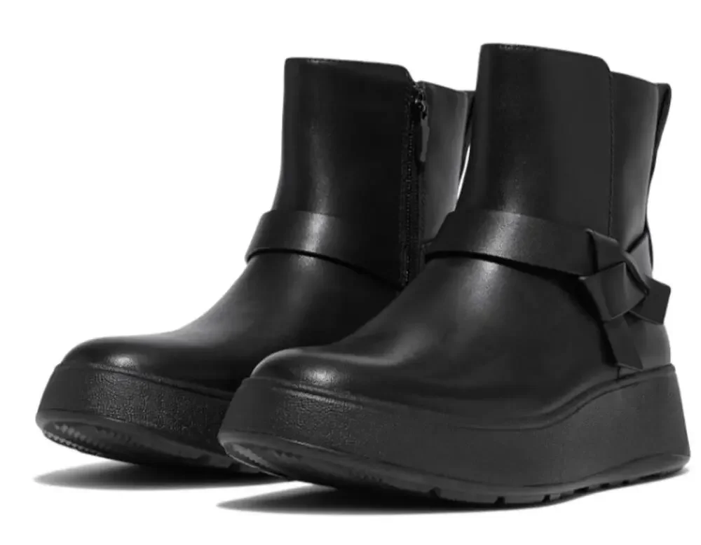 FitFlop Womens F-Mode Folded-Knot Flatform Boots Size 9 Black Leather NWOB